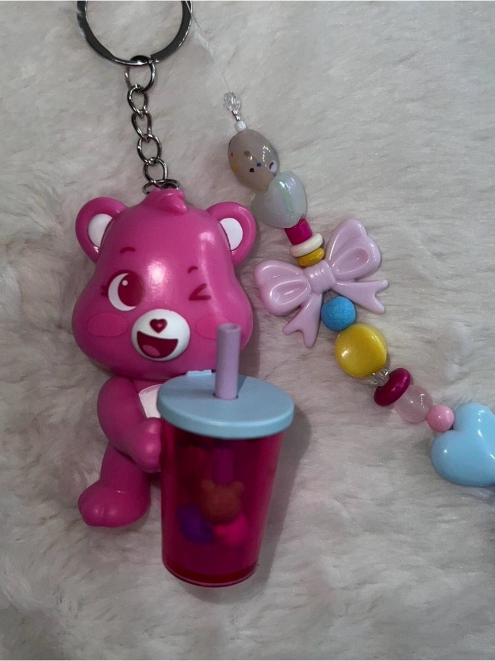 Pink Winking Bear Keychain with Drink Charm